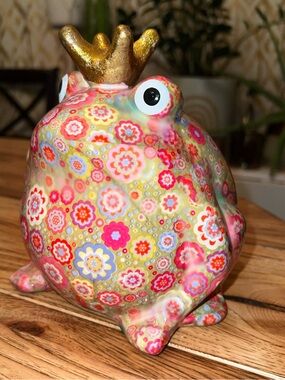 Pomme Pidou Kim Frog Coin Bank Floral Multicolor Gold Crown